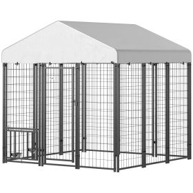 5.9' x 5.9' x 6' Outdoor Dog Kennel with Roof, Rotating & 4-Level Adjustable Bowls
